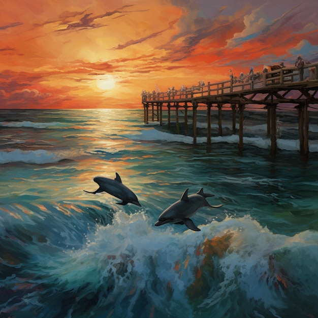 Painting of two dolphins jumping out of the ocean at sunset generative ai