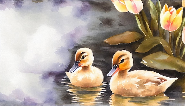 A painting of two ducks swimming in a pond with a tulip flower in the background.