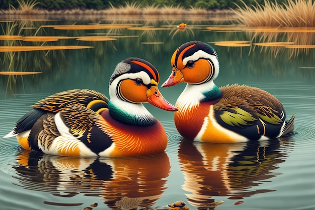 A painting of two ducks that are on a lake