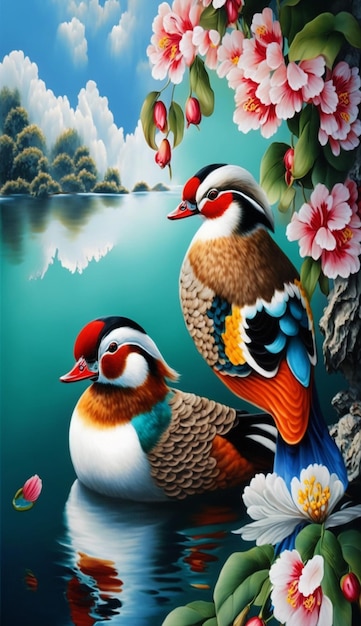 A painting of two ducks with a waterfall in the background.