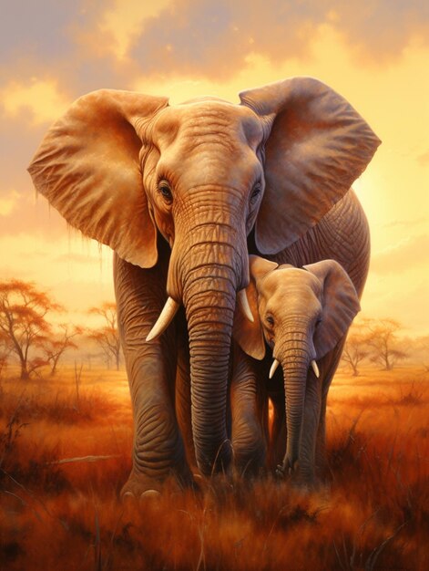 painting of two elephants walking in a field with trees in the background generative ai