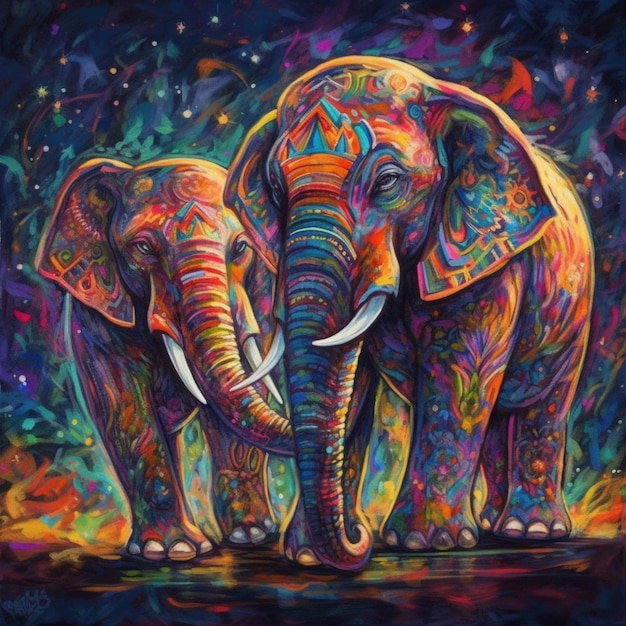 Painting of two elephants with colorful patterns on their backs generative ai