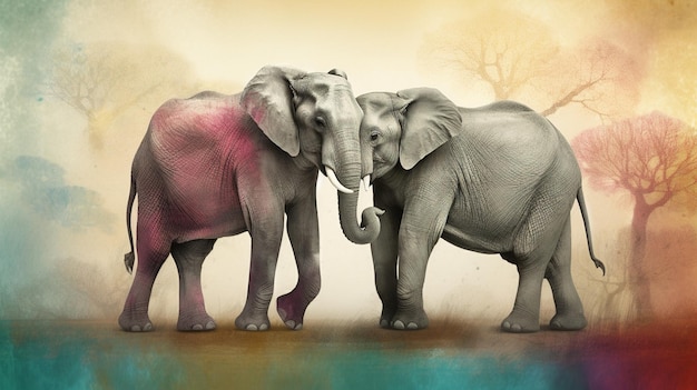 A painting of two elephants with one red and one pink painted on it.