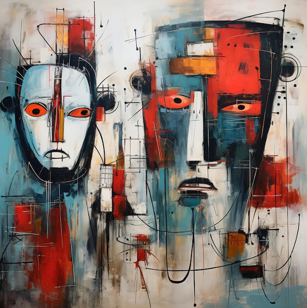 a painting of two faces with different colors and shapes.