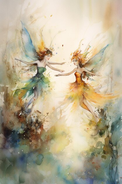 A painting of two fairies with the word fairy on the bottom.