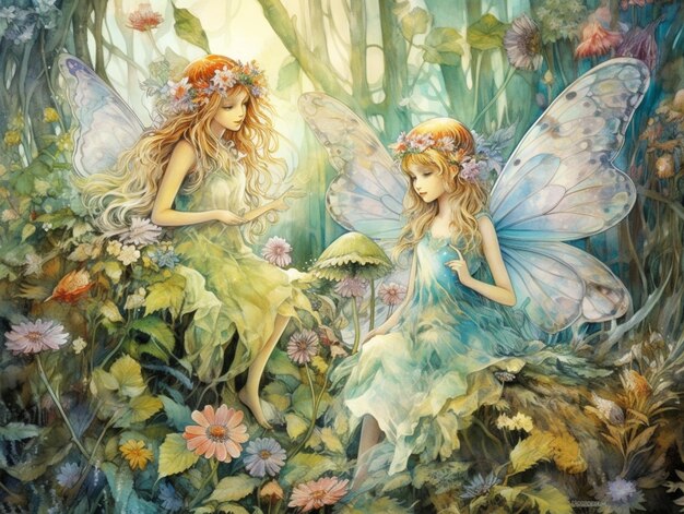 painting of two fairy girls sitting on a flowery branch generative ai
