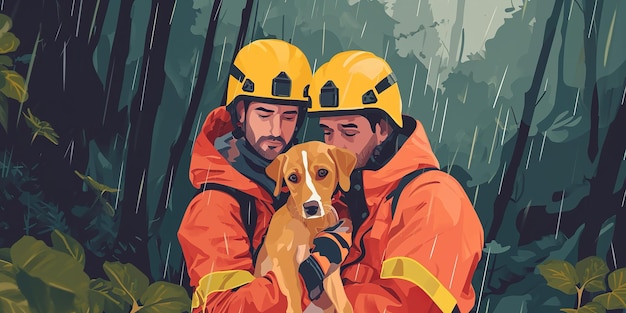 a painting of two firefighters hugging a dog