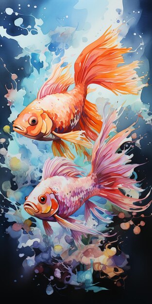 painting of two fish in the water with a dark background generative ai