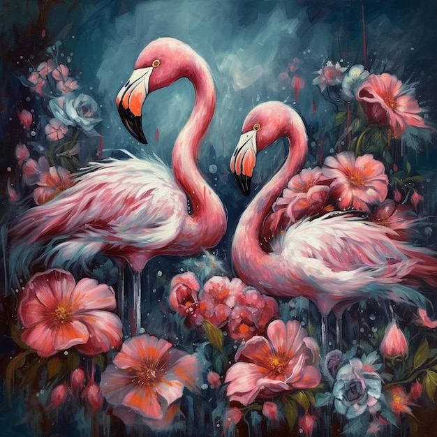 Painting of two flamingos in a field of flowers with a dark background generative ai