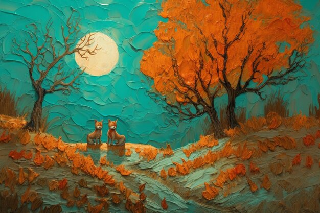 A painting of two fox statues in front of a full moon.