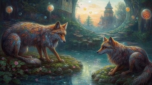 A painting of two foxes by the water