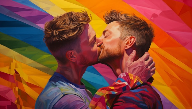 Painting of two gay men kissing with colourful background Celebrating Pride Month