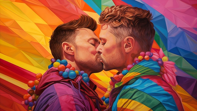 Painting of two gay men kissing with colourful background Celebrating Pride Month