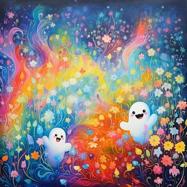 painting of two ghosts in a field of flowers with a rainbow background generative ai