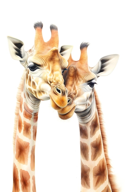 A painting of two giraffes with their heads touching.