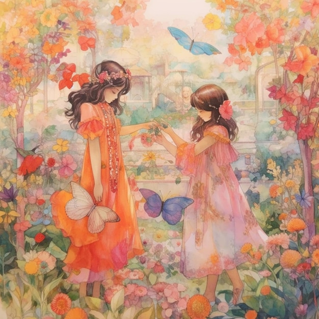 Painting of two girls in a garden with flowers and butterflies generative ai