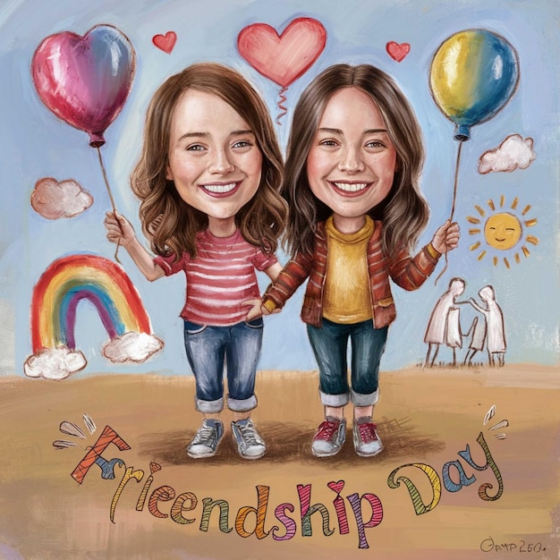 Photo a painting of two girls holding balloons with the words friendship day