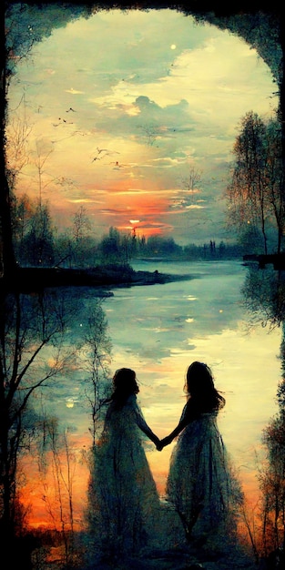 Painting of two girls holding hands in front of a lake