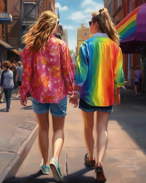 A painting of two girls walking down a street holding hands.