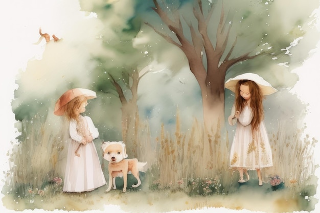 A painting of two girls walking in a park with a dog and a bird on the ground.