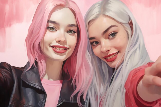 A painting of two girls with pink hair and a black leather jacket