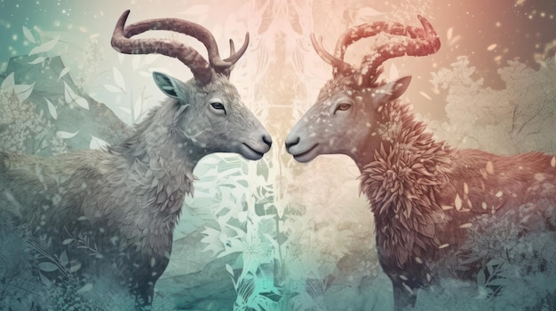 A painting of two goats facing each other.