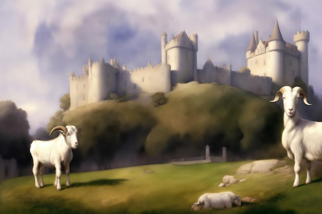 A Painting Of Two Goats In Front Of A Castle