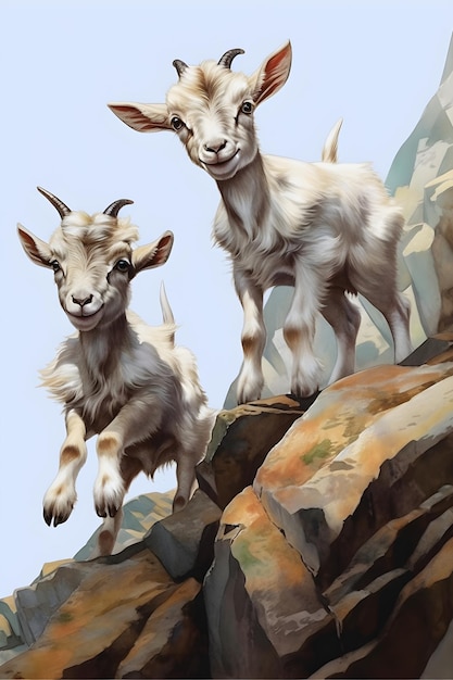 A painting of two goats on a mountain