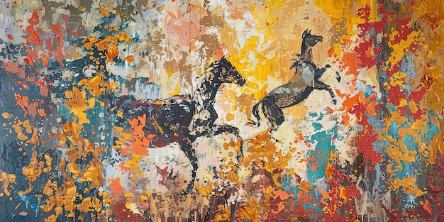 a painting of two horses on a wall