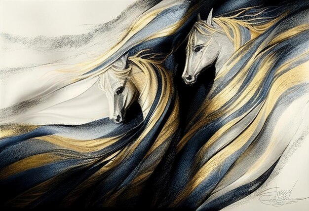 A painting of two horses with flowing hair