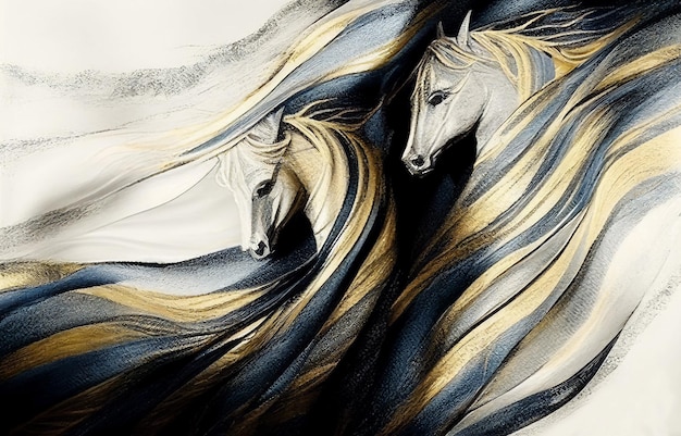 A painting of two horses with long hair and a blue and gold mane.