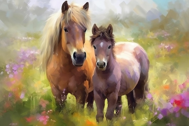 A painting of two horses with one of them looking at the camera.