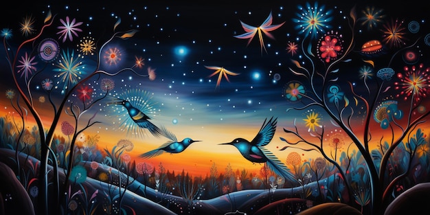 painting of two hummingbirds flying in the night sky with fireworks generative ai