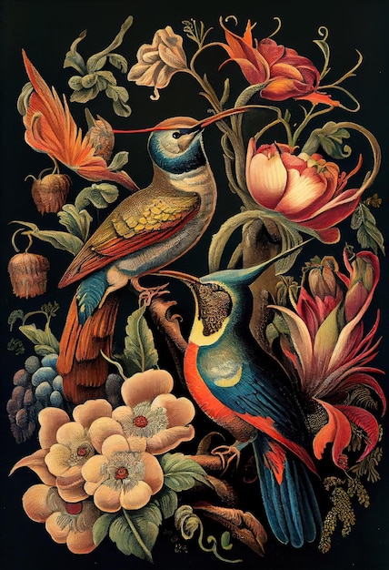 A painting of two hummingbirds with flowers and vines.