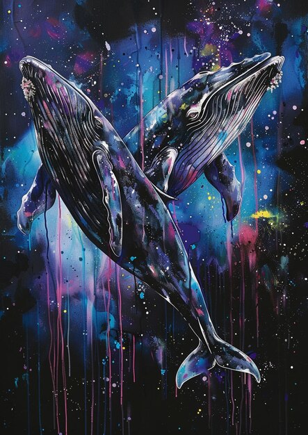 Photo painting of two humpback whales in a galaxy like environment generative ai