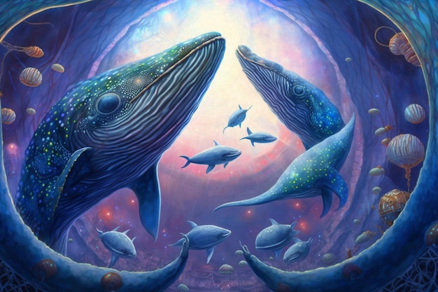 painting of two humpback whales and a group of fish in a deep blue sea generative ai