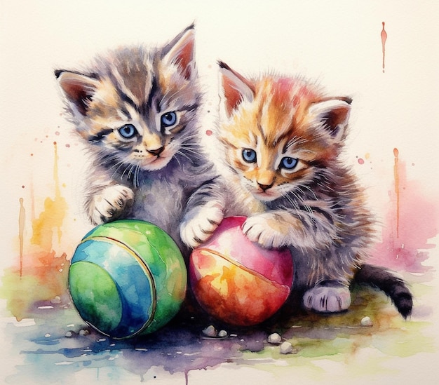 painting of two kittens playing with a ball on a table generative ai