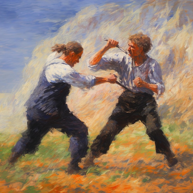 Photo a painting of two men fighting with one wearing a white shirt.