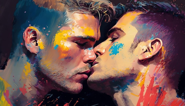 A painting of two men kissing with the word love on the bottom.