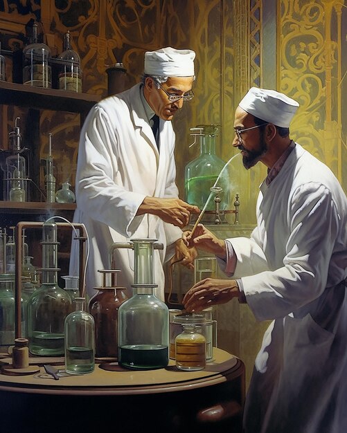 Photo a painting of two men in a lab coat and one of them is being worked on.