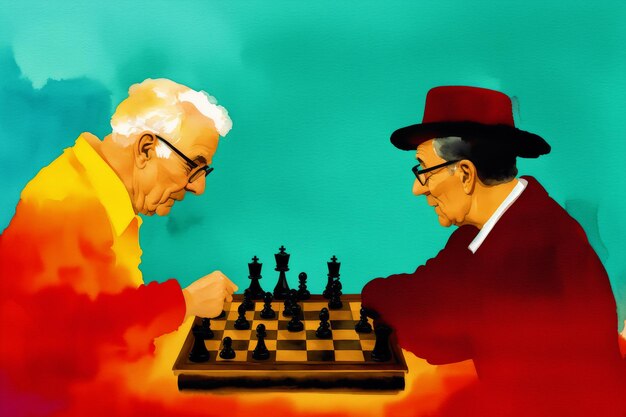 A painting of two men playing chess, one of which is red and the other is red.