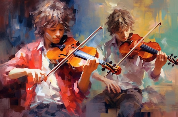 A painting of two men playing violin and the word violin.