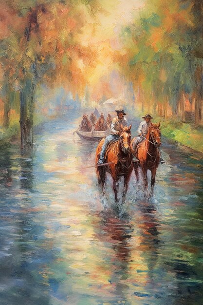 Painting of two men riding horses in a river with a boat generative ai