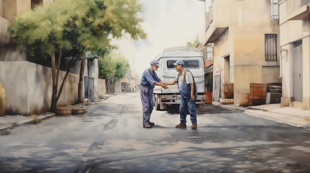 Foto dipinto di due uomini che si stringono la mano in mezzo a una strada generativa ai
