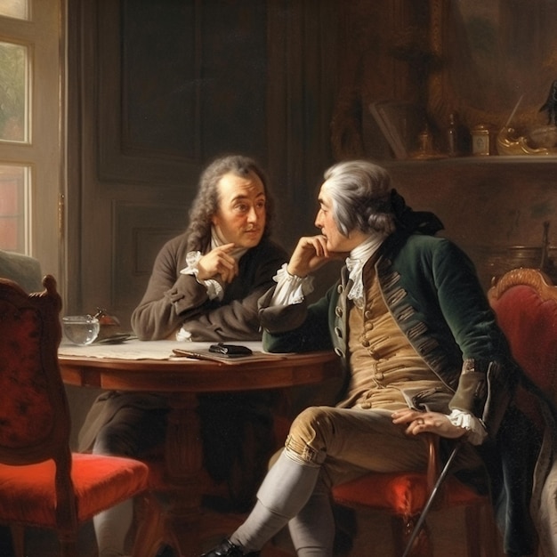 A painting of two men talking in front of a window.