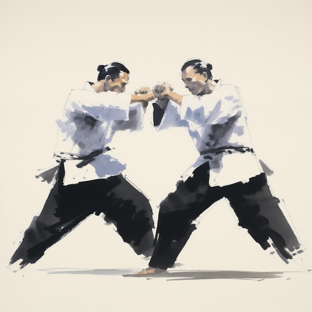 白いシャツと黒いズボンを着た 2 人の男性が格闘技の練習をしている絵、生成 AI