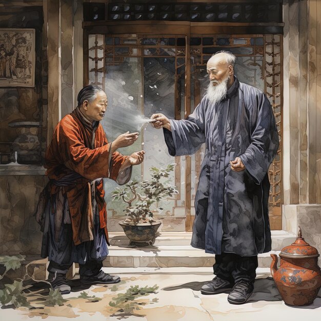 a painting of two men with a smoke coming out of it