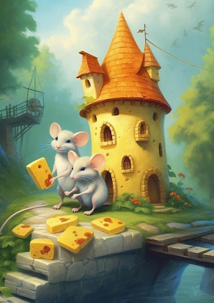 painting of two mice sitting on a rock near a castle generative ai