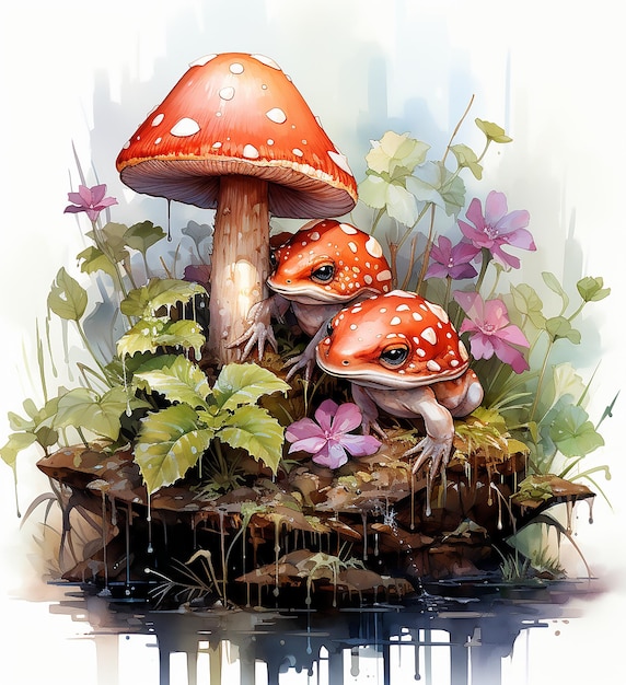 A painting of two mushrooms and a frog with a house in the background.