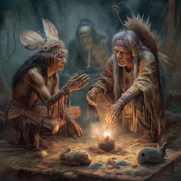 A painting of two native american men sitting around a light that is lit up.